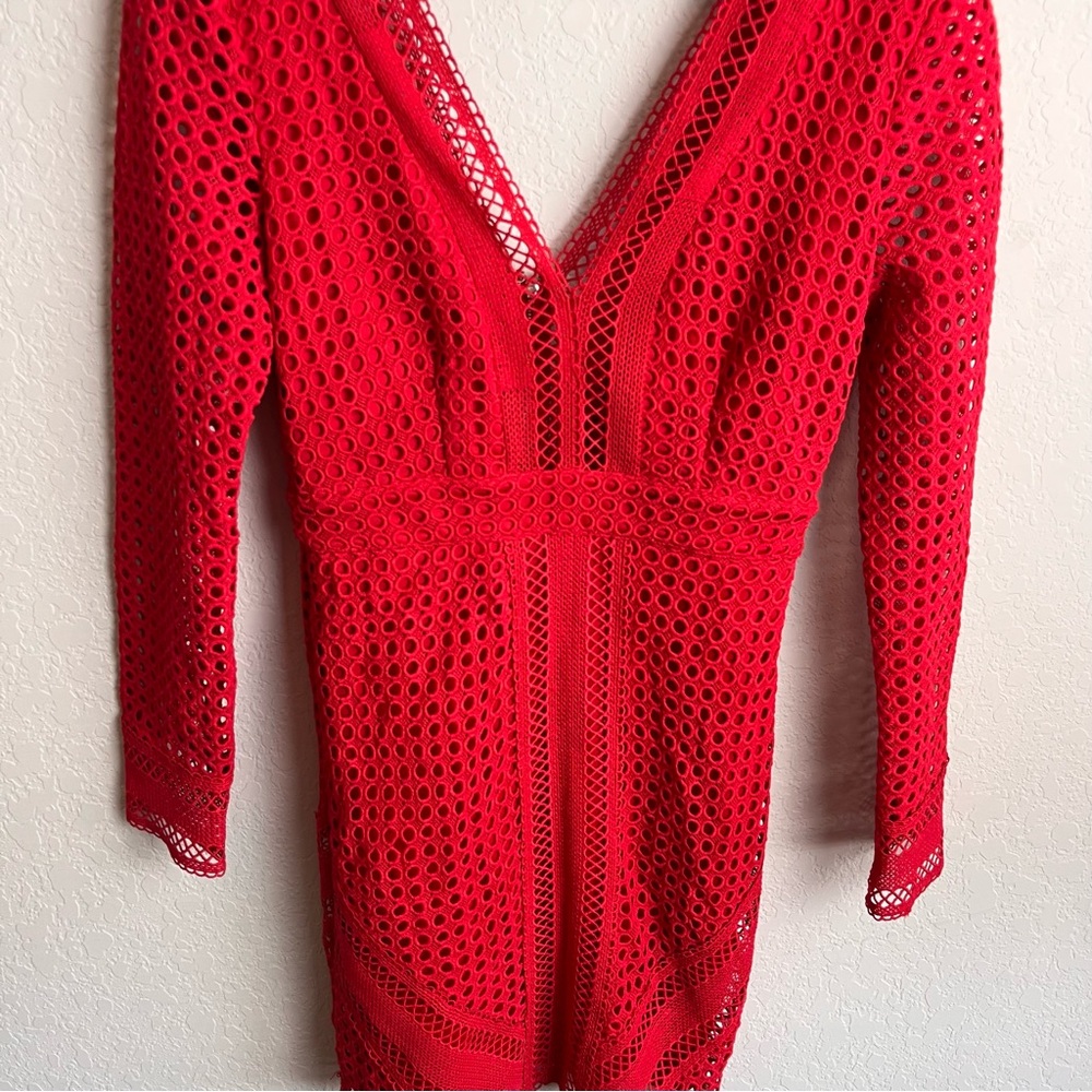 ASTR The Label Red Lace Bodycon Mini Dress Small S Long Sleeve Cutout Eyelet - Picture 5 of 11